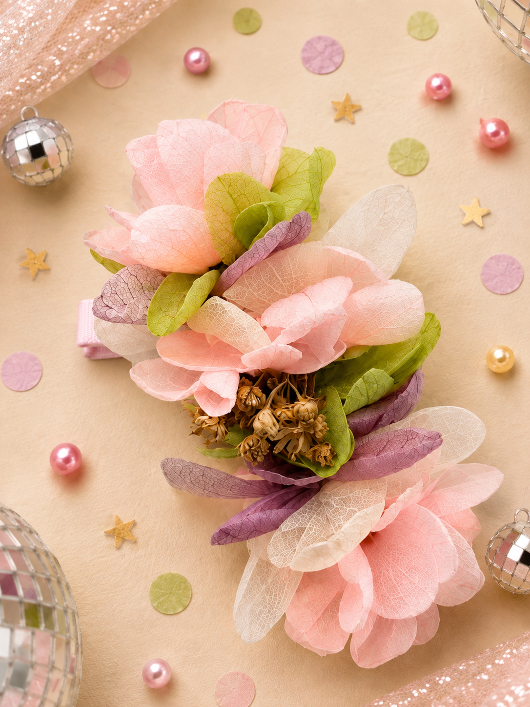 Barrette crocodile 7cm en hortensia stabilise rose poudre lilas et vert anis pour coiffure de mariage