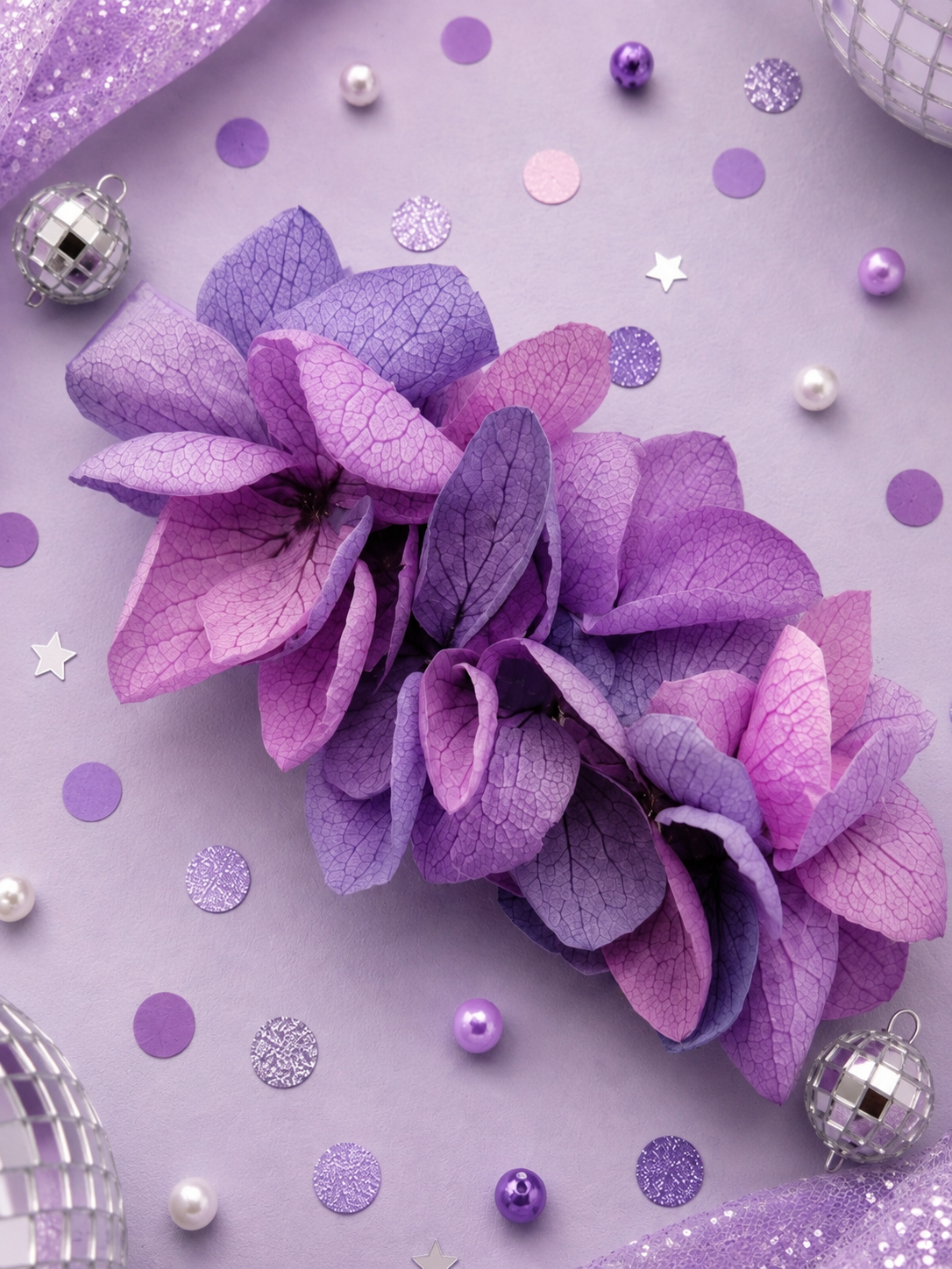 Barrette crocodile 7cm en hortensia stabilise dans des nuances de lilas et violet pour coiffure de mariage