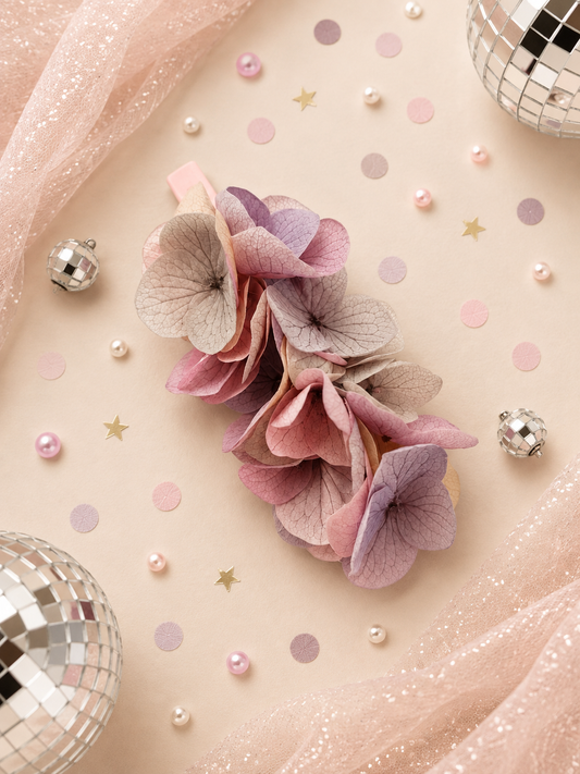 Barrette crocodile 7cm en hortensia stabilise rose nude vieux rose et lilas pour coiffure de mariage