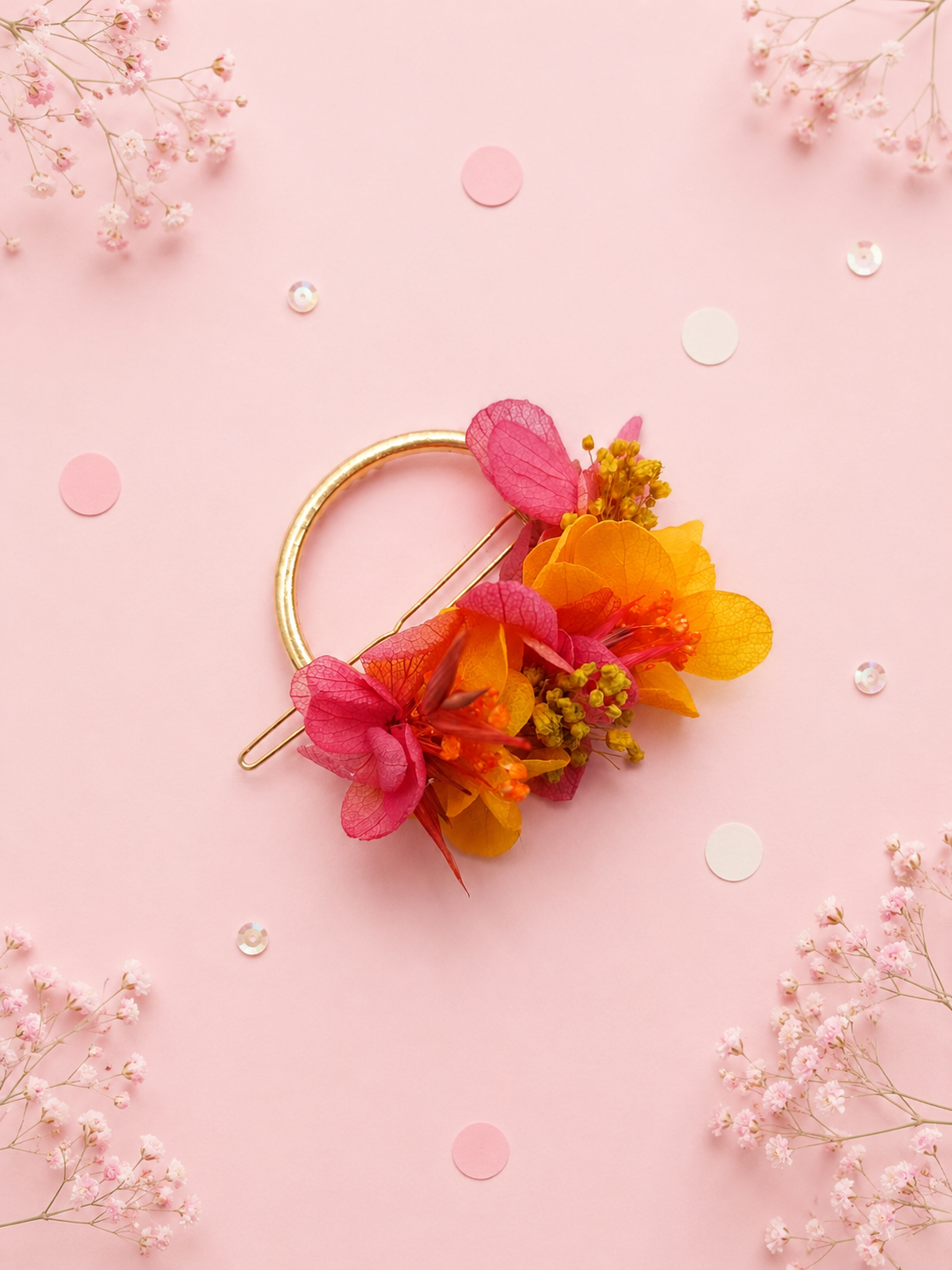 Barrette circulaire doree avec fleurs stabilisees aux teintes fuchsia orange et jaune moutarde pour mariage