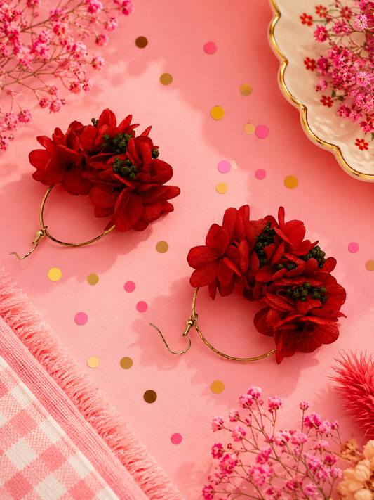 Boucles d'oreilles mariage créoles hortensia rouge passion et broom bloom vert foncé