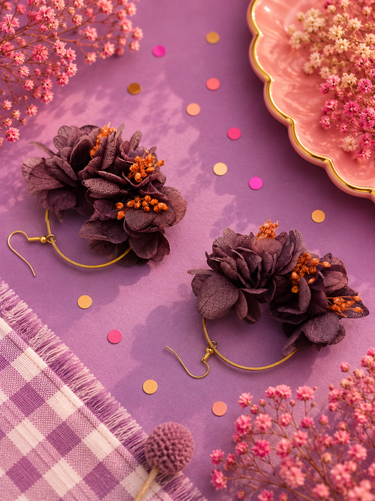 Boucles d'oreilles mariage créoles hortensia violet prune et broom bloom rose antique