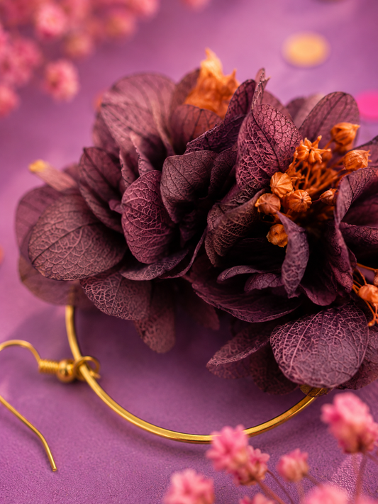 Boucles d'oreilles mariage créoles hortensia violet prune et broom bloom rose antique