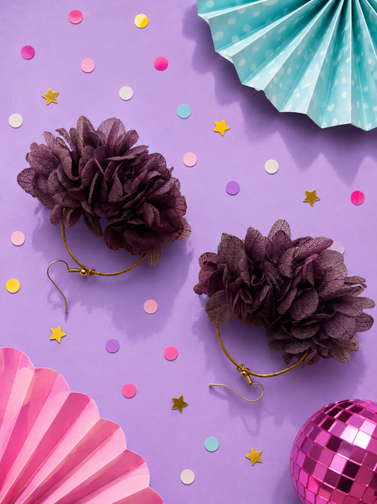 Boucles d'oreilles mariage créoles hortensia stabilisé violet prune