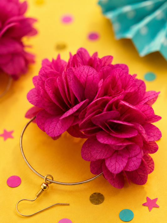 Boucles d'oreilles mariage créoles hortensia stabilisé rose magenta