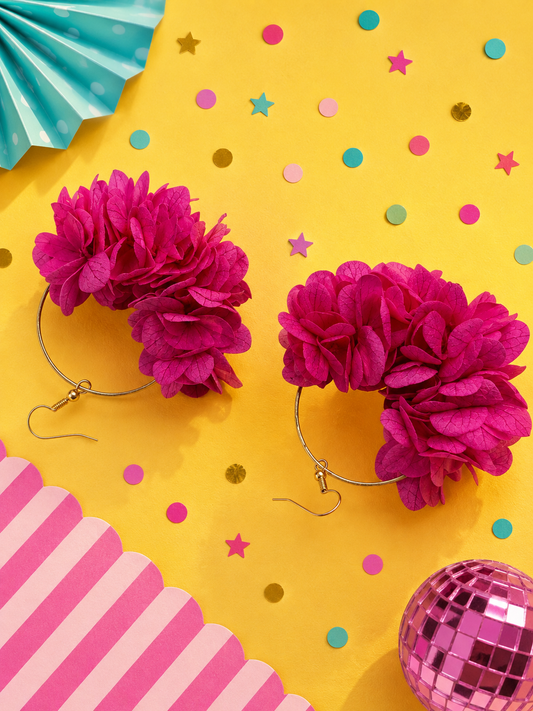 Boucles d'oreilles mariage créoles hortensia stabilisé rose magenta