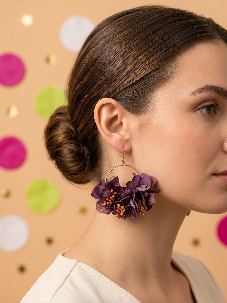 Boucles d'Oreilles Mariage Hortensia Violet Prune & Rose Antique | Créoles Fleurs