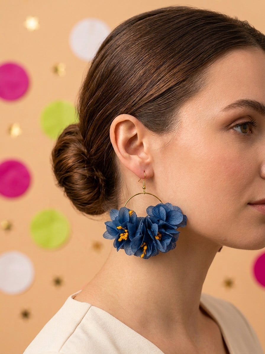 Boucles d'Oreilles Mariage Hortensia Bleu Roi & Moutarde | Créoles Fleurs