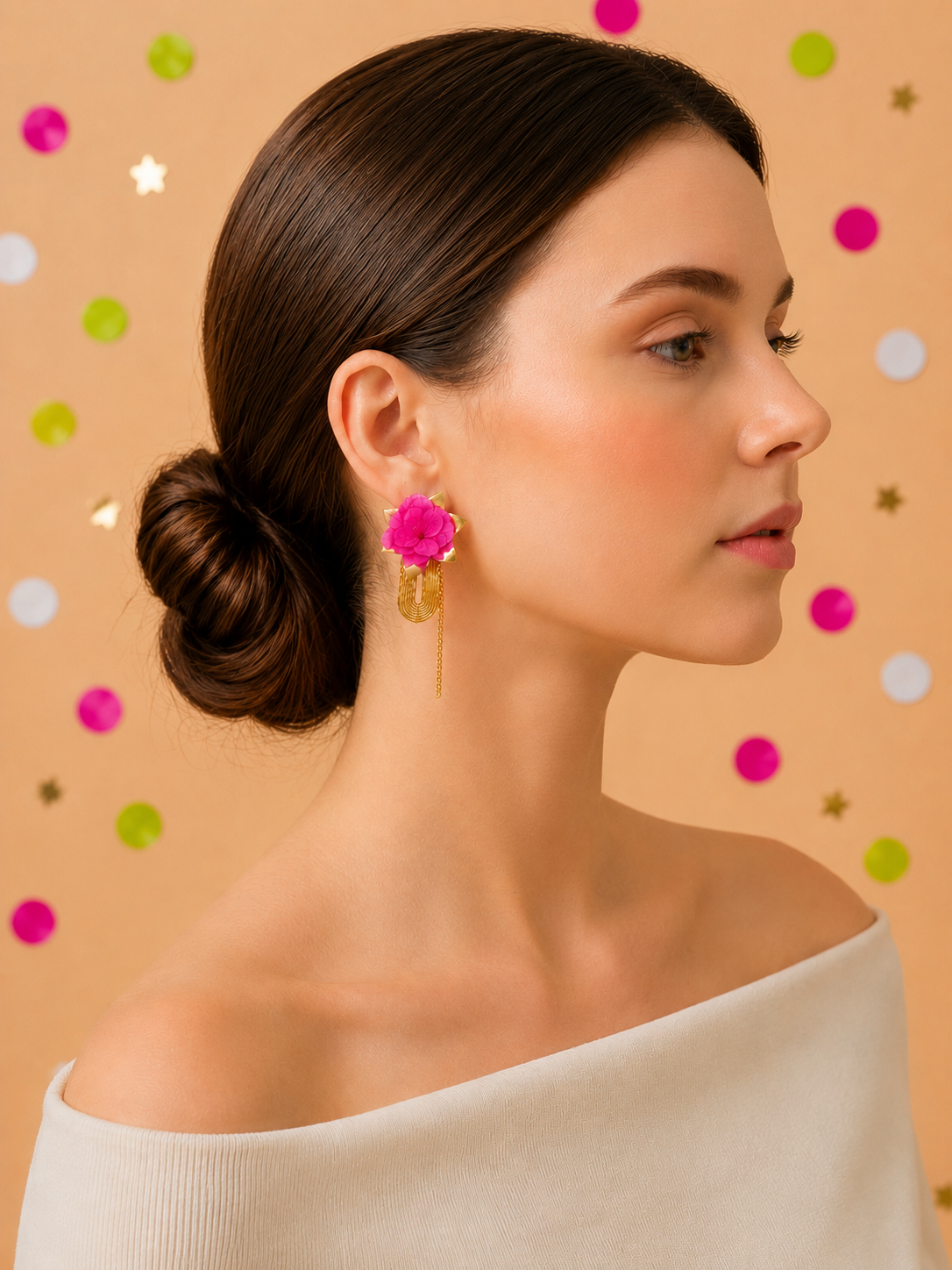 Boucles d'Oreilles Modulables Mariage Rose Fuchsia & Or | Bijou Fleur