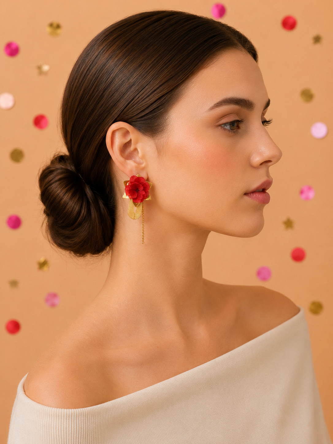 Boucles d'Oreilles Modulables Mariage Rouge Intense & Or | Bijou Fleur