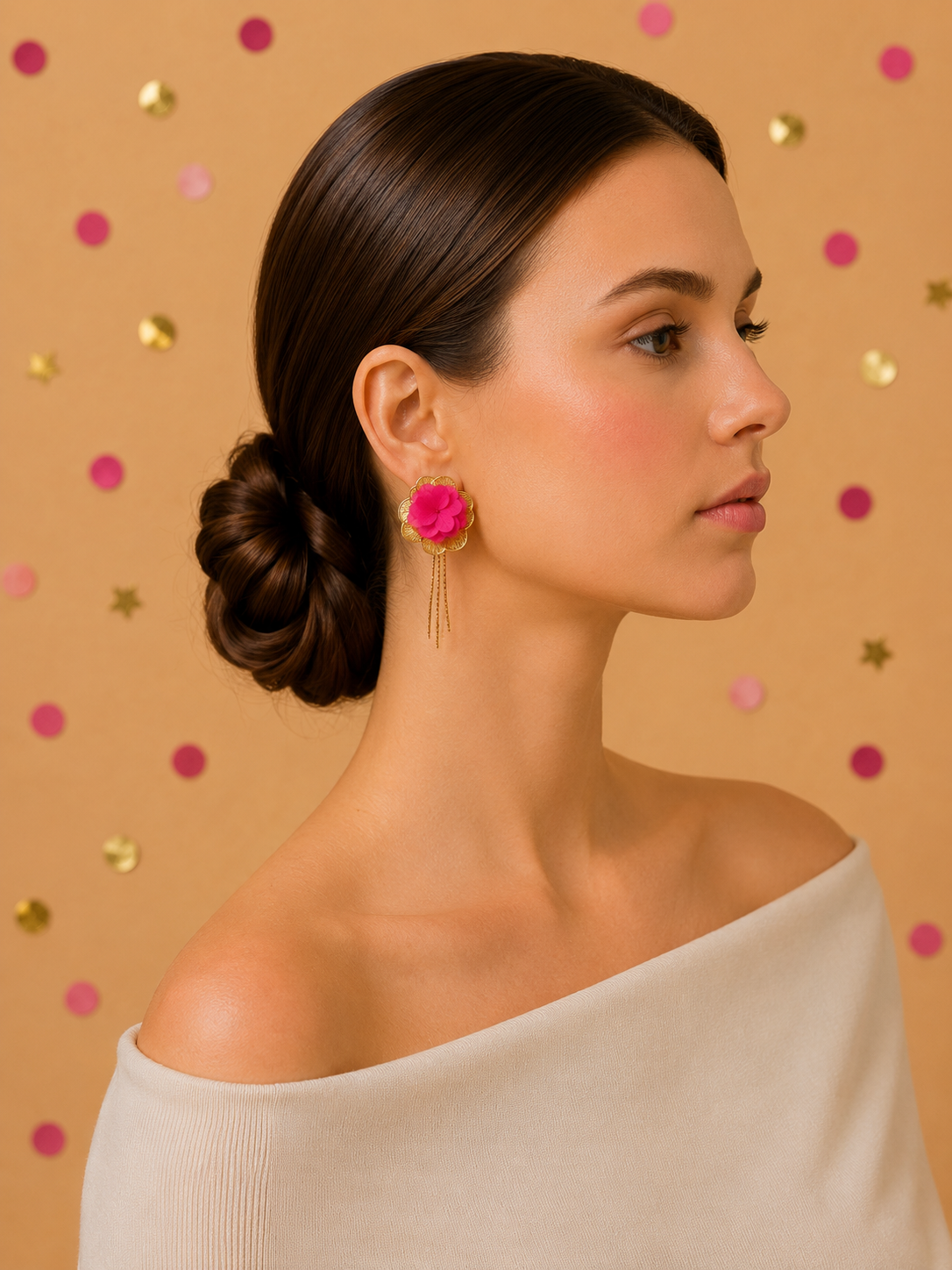 Boucles d'Oreilles Mariage Modulables Hortensia Pendantes | Rose Fuchsia