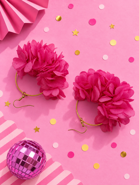 Boucles d'oreilles mariage créoles hortensia stabilisé rose fuchsia
