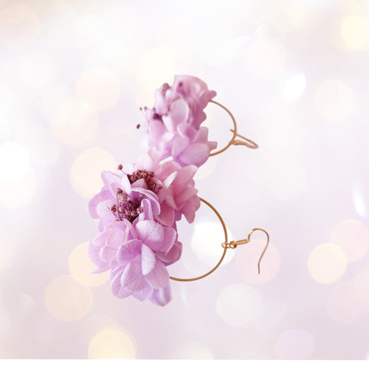 "Brume Florale"Boucles d’Oreilles fleurs séchées mariage – Créoles Fleuries violette rose 💜