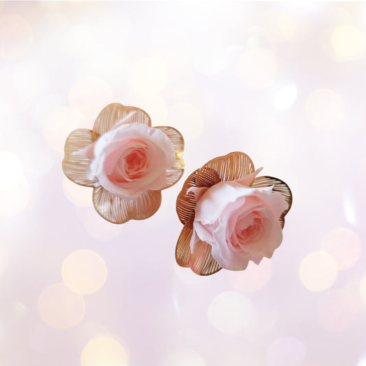 "Élégance"Puces d'Oreilles rose stabilisée mariage – Rose & Doré avec Cœur 🌸
