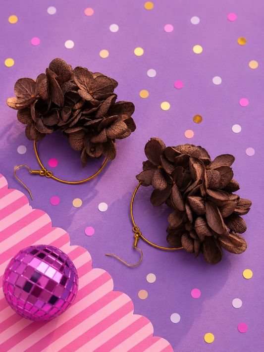 Boucles d'oreilles mariage créoles hortensia stabilisé chocolat cuivré