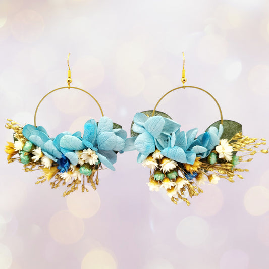 Boucles d'oreilles en fleurs séchées et stabilisées mariage Bleu