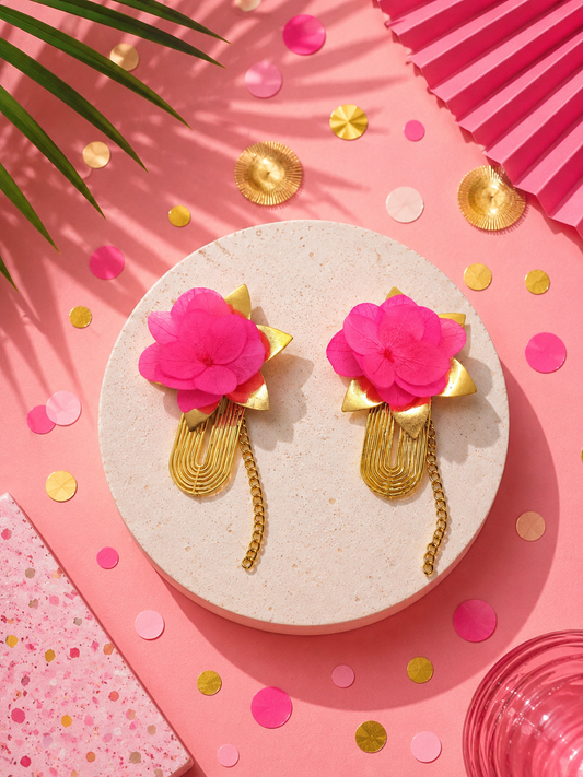 Boucles d'oreilles modulables mariage en hortensia stabilisé rose fuchsia et acier inoxydable doré