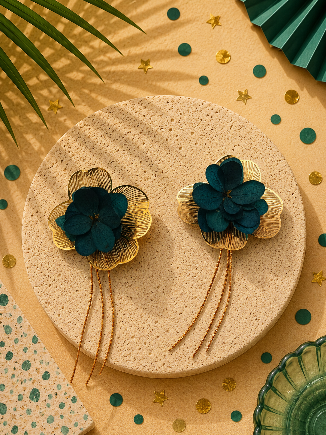 Boucles d'oreilles mariage modulables pendantes a chainettes hortensia bleu canard et acier inoxydable dore