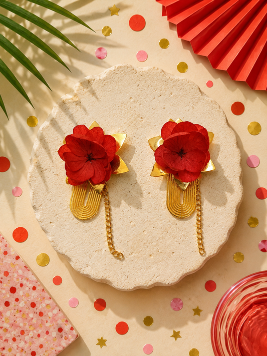 Boucles d'oreilles modulables mariage en hortensia stabilisé rouge intense et acier inoxydable doré