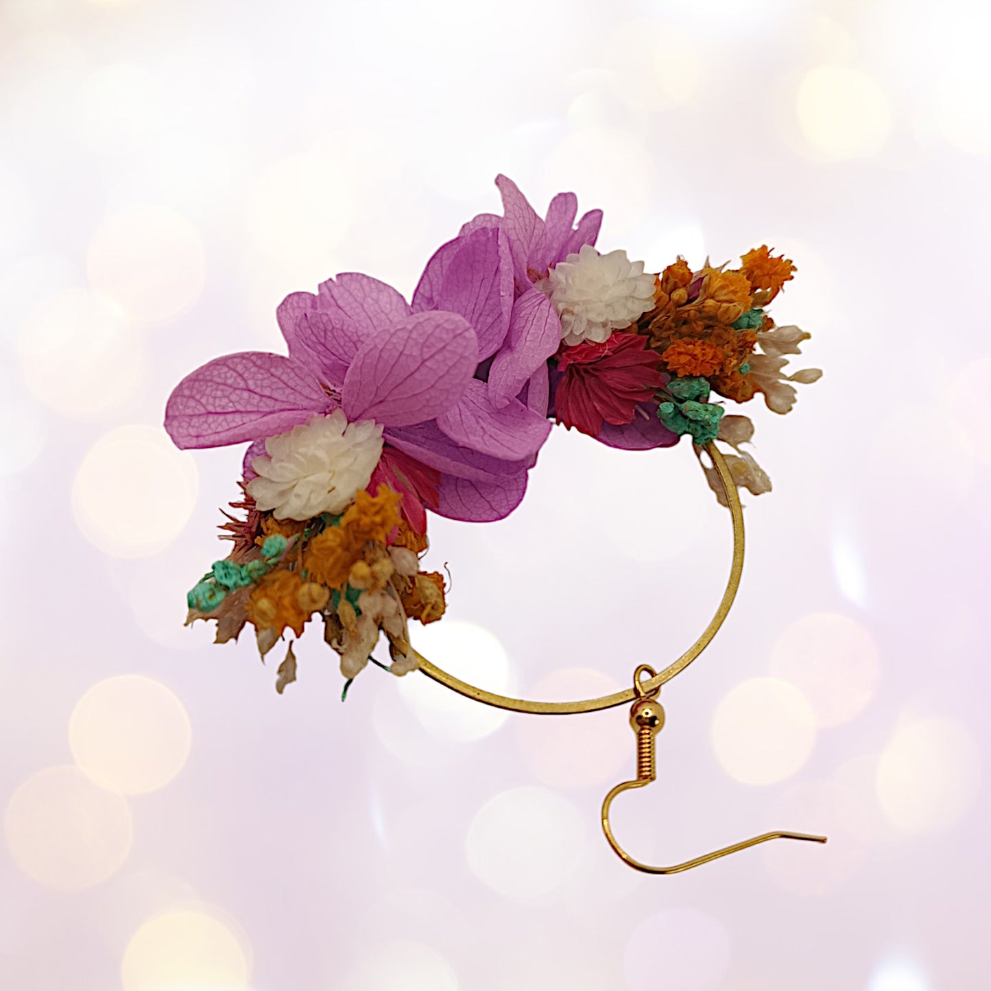 Boucles d'oreilles fleurs séchées mariage composition florale violette