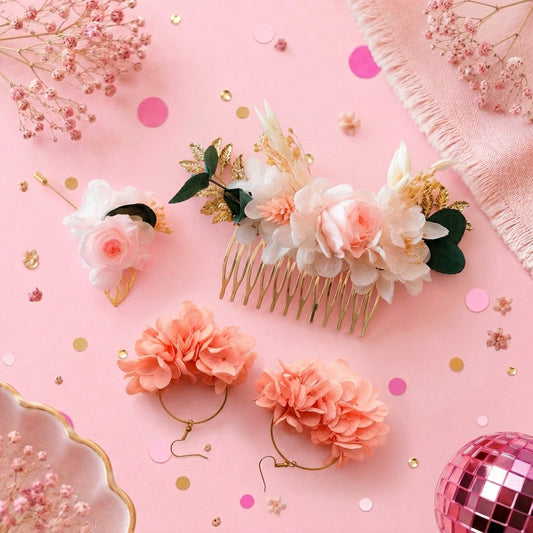Coffret Mariés « Poudre » — Peigne, Créoles et Boutonnière en Fleurs Séchées