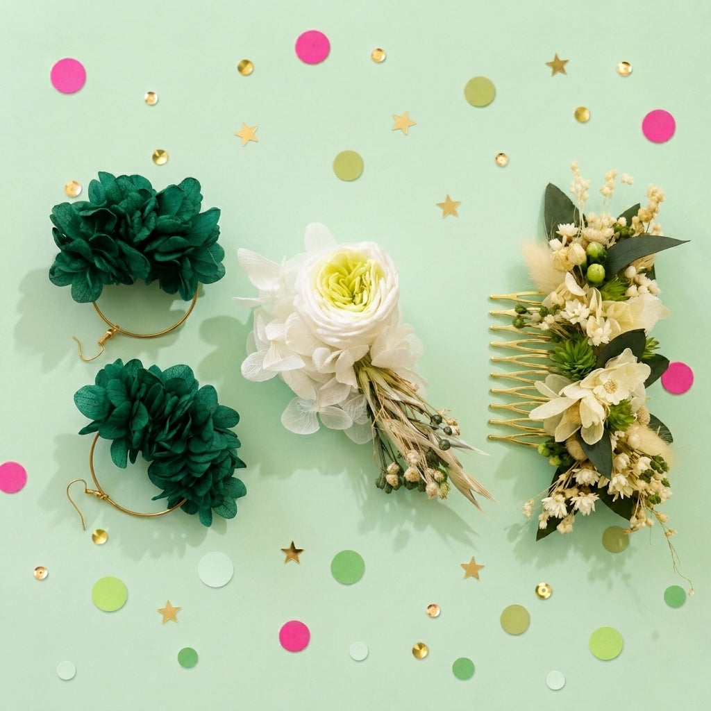 Coffret Mariés « Vert Forêt & Blanc » — Peigne, Créoles et Boutonnière en Fleurs Séchées