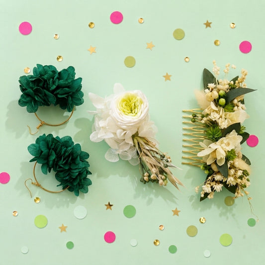 Coffret Mariés « Vert Forêt & Blanc » — Peigne, Créoles et Boutonnière en Fleurs Séchées