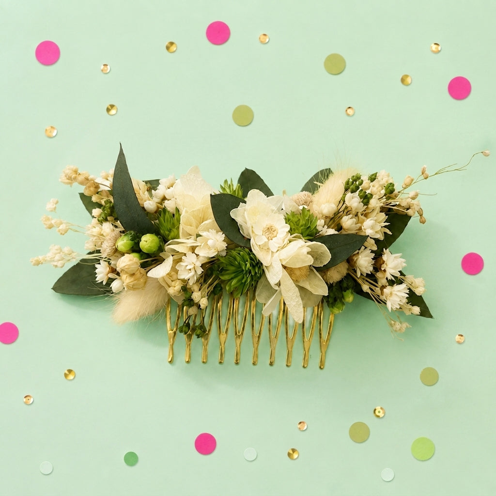 Coffret Mariés « Vert Forêt & Blanc » — Peigne, Créoles et Boutonnière en Fleurs Séchées