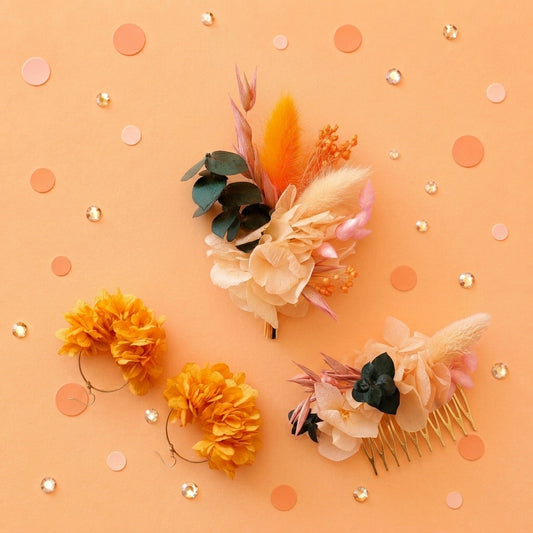 Coffret Mariés « Rose Pêche » — Peigne, Créoles et Boutonnière en Fleurs Séchées
