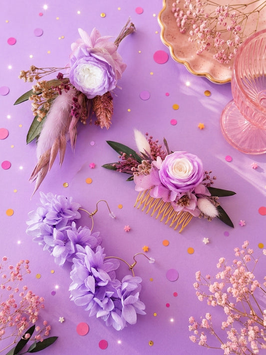 Coffret Mariés « Lavande » — Peigne, Créoles et Boutonnière en Fleurs Séchées