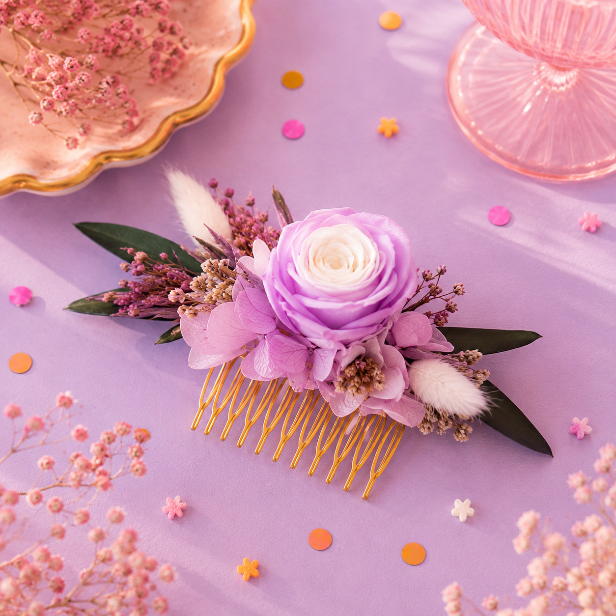 Coffret Mariés « Lavande » — Peigne, Créoles et Boutonnière en Fleurs Séchées