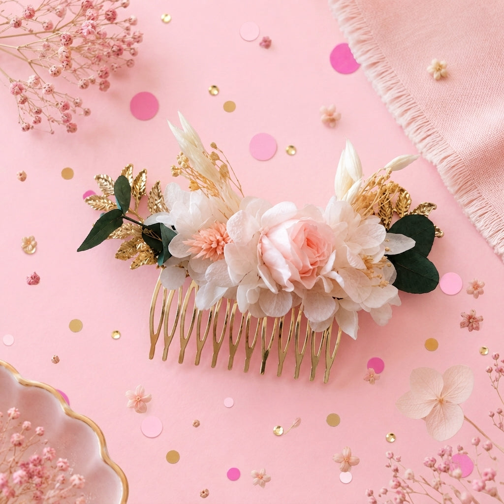 Coffret Mariés « Poudre » — Peigne, Créoles et Boutonnière en Fleurs Séchées