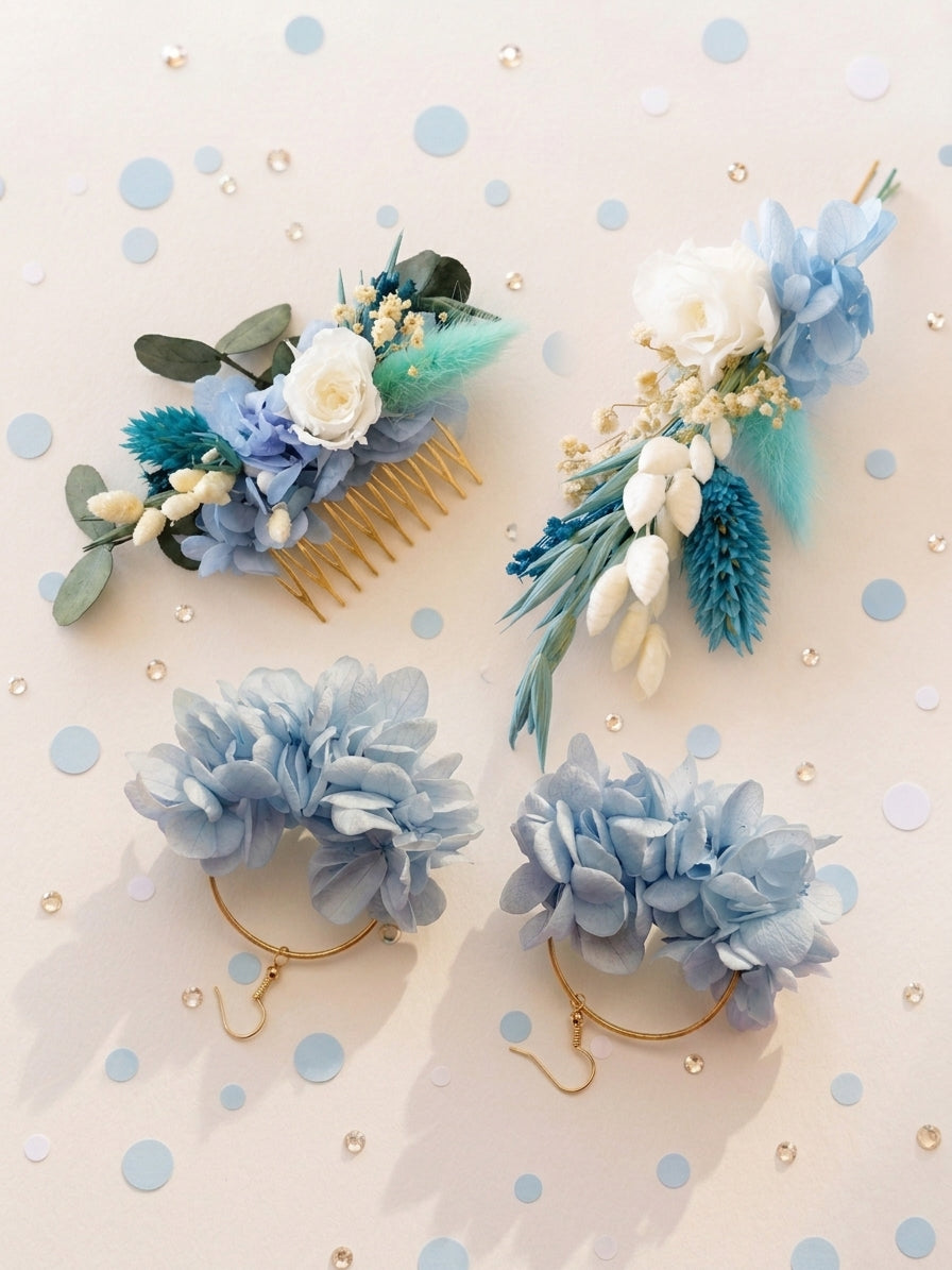 Coffret Mariés « Azur » — Peigne, Créoles et Boutonnière en Fleurs Séchées