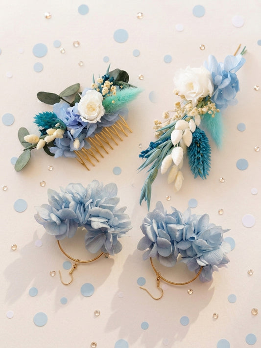 Coffret Mariés « Azur » — Peigne, Créoles et Boutonnière en Fleurs Séchées