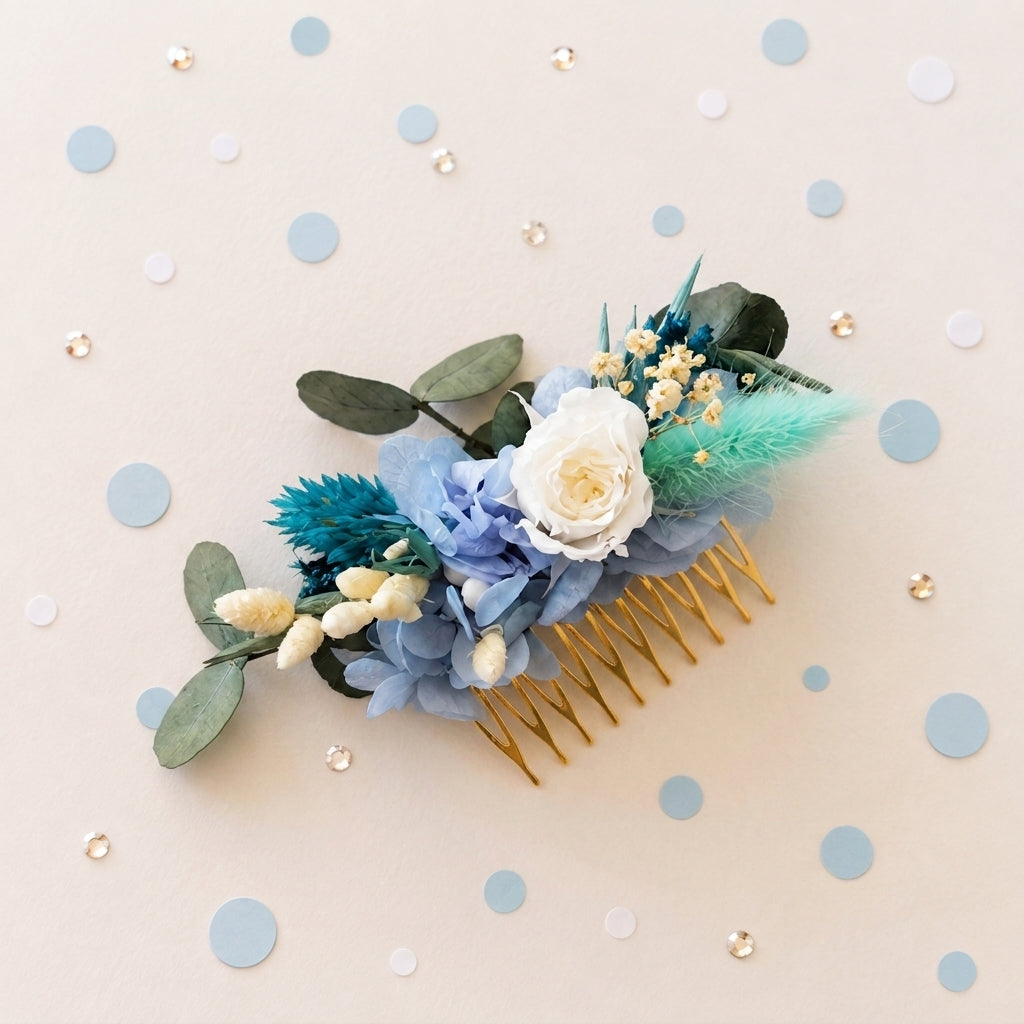 Coffret Mariés « Azur » — Peigne, Créoles et Boutonnière en Fleurs Séchées