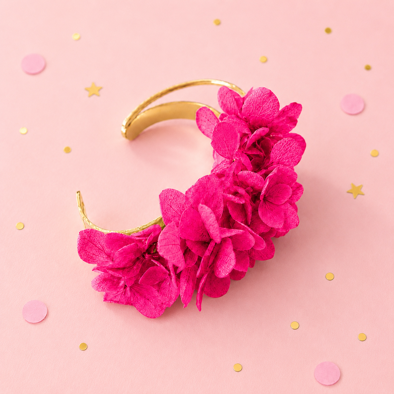 Coffret cadeau demoiselle d'honneur avec bracelet jonc et boucles d'oreilles créoles en hortensia rose fuchsia