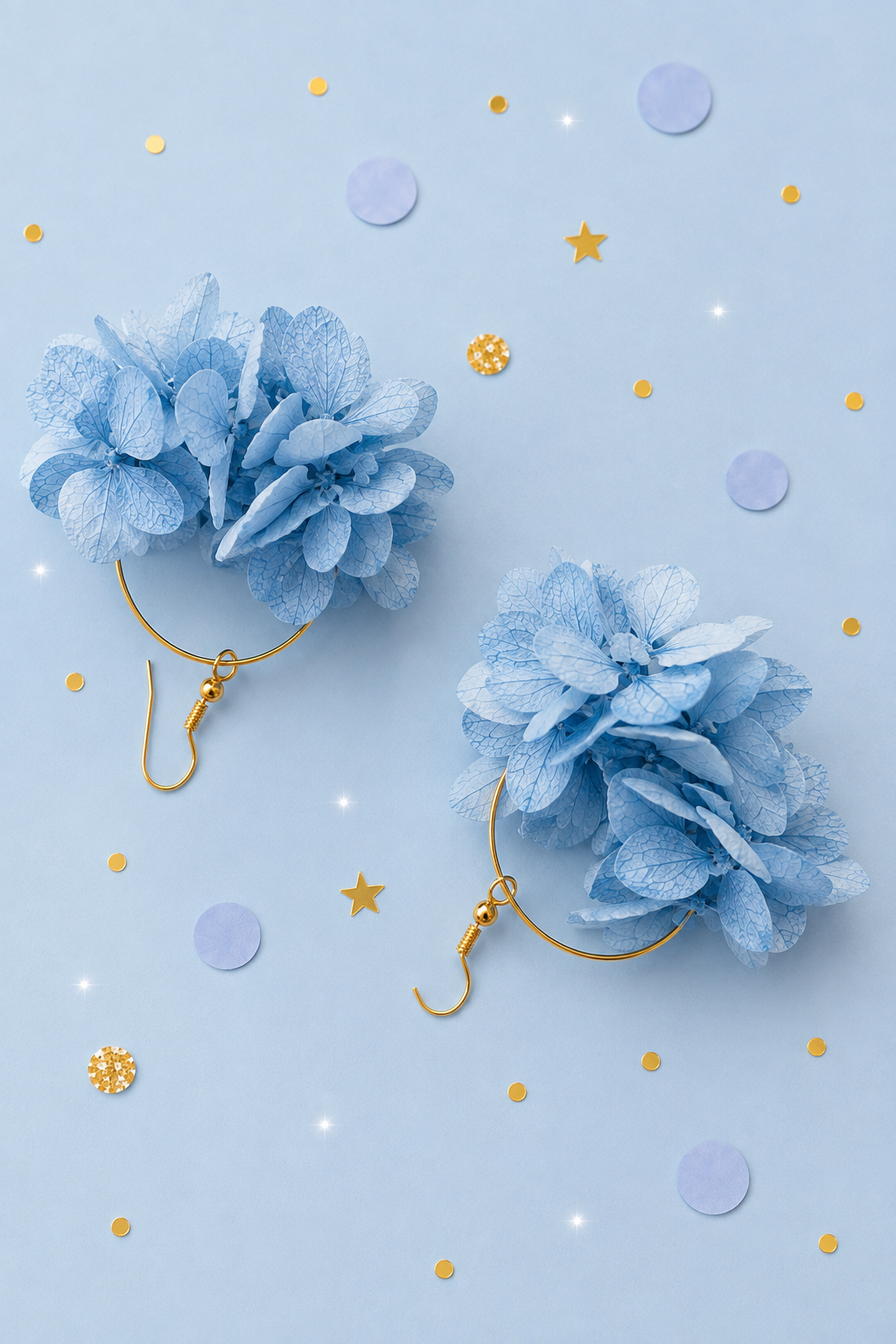 Coffret cadeau demoiselle d'honneur avec bracelet jonc et boucles d'oreilles créoles en hortensia bleu ciel