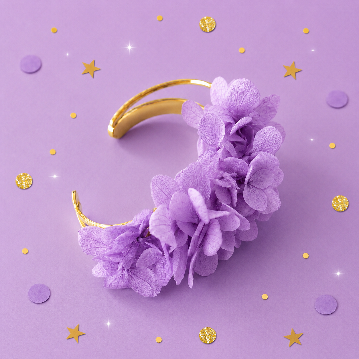 Coffret cadeau demoiselle d'honneur avec bracelet jonc et boucles d'oreilles créoles en hortensia violet lilas