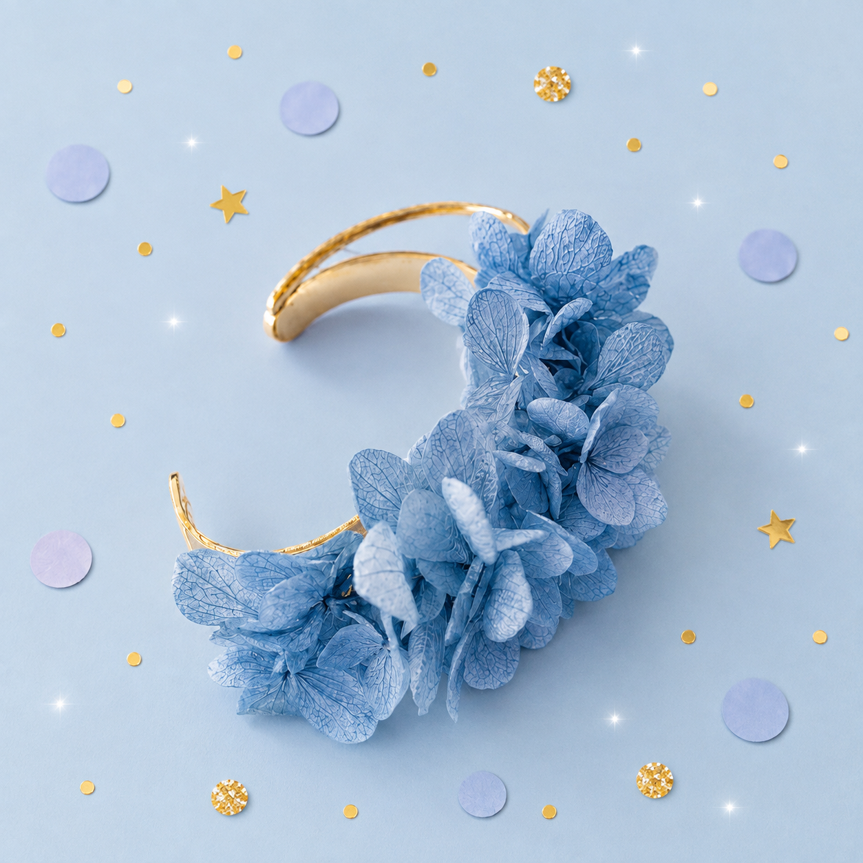 Coffret cadeau demoiselle d'honneur avec bracelet jonc et boucles d'oreilles créoles en hortensia bleu ciel