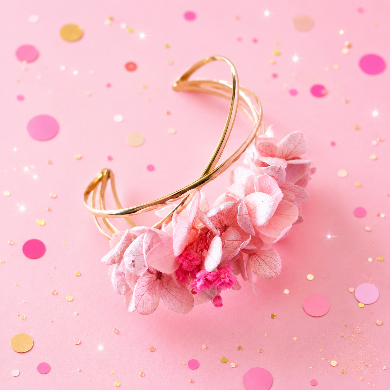 Bracelet jonc dore avec fleurs stabilisees aux teintes rose bonbon et rose poudre pour mariage