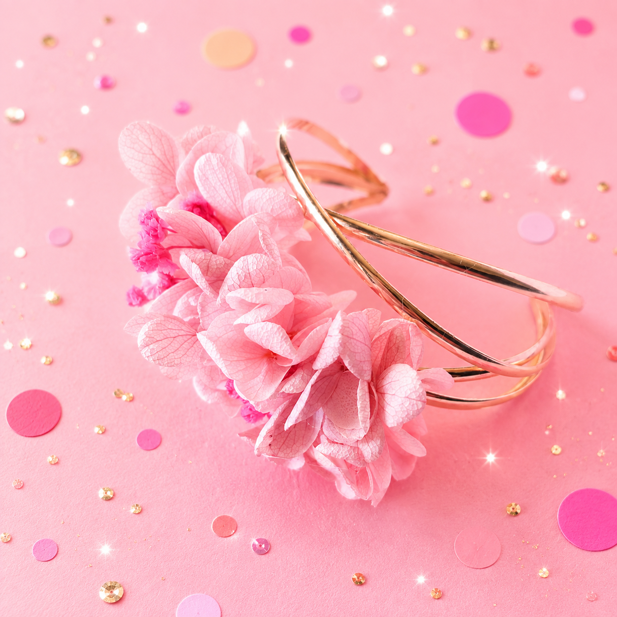 Bracelet jonc dore avec fleurs stabilisees aux teintes rose bonbon et rose poudre pour mariage