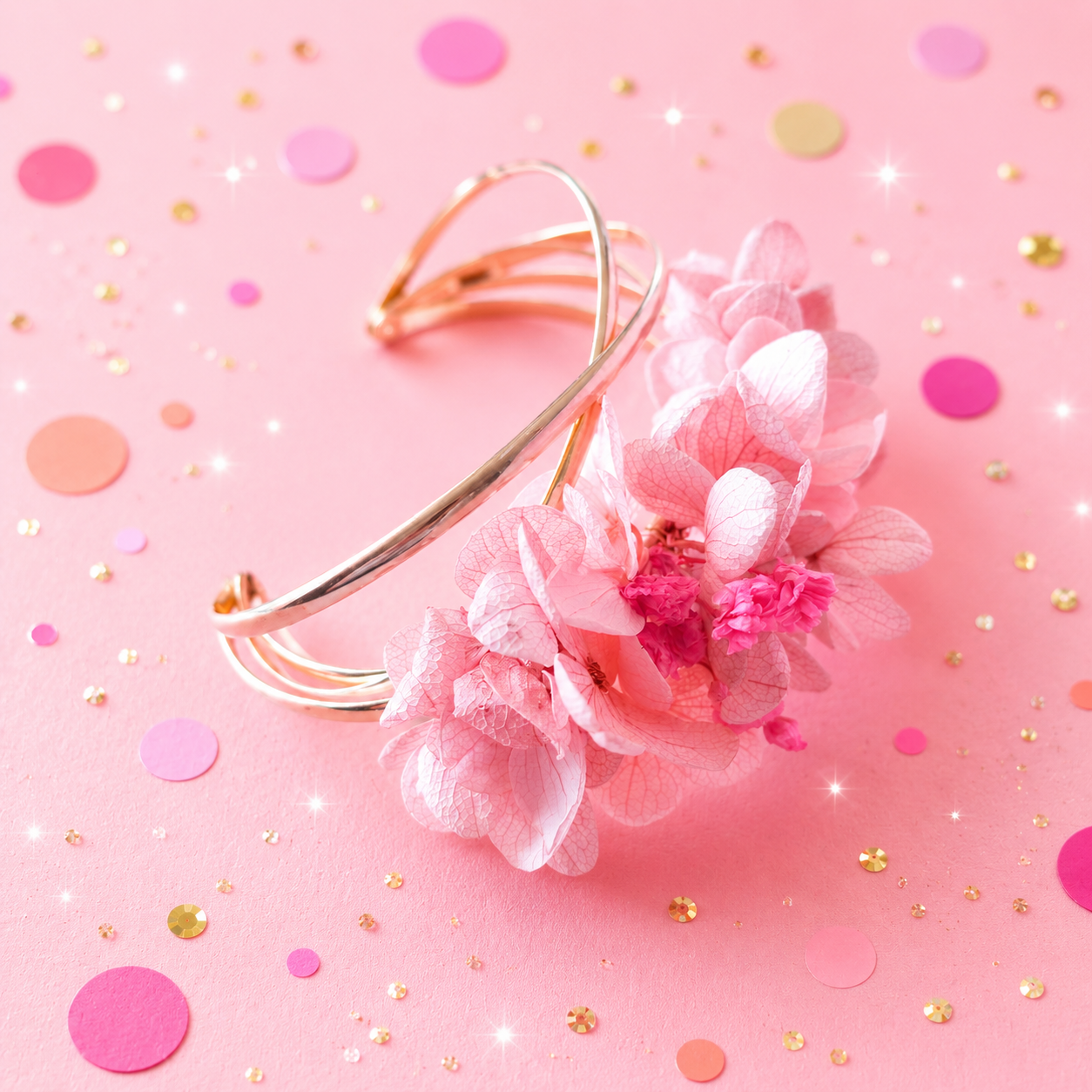 Bracelet jonc dore avec fleurs stabilisees aux teintes rose bonbon et rose poudre pour mariage