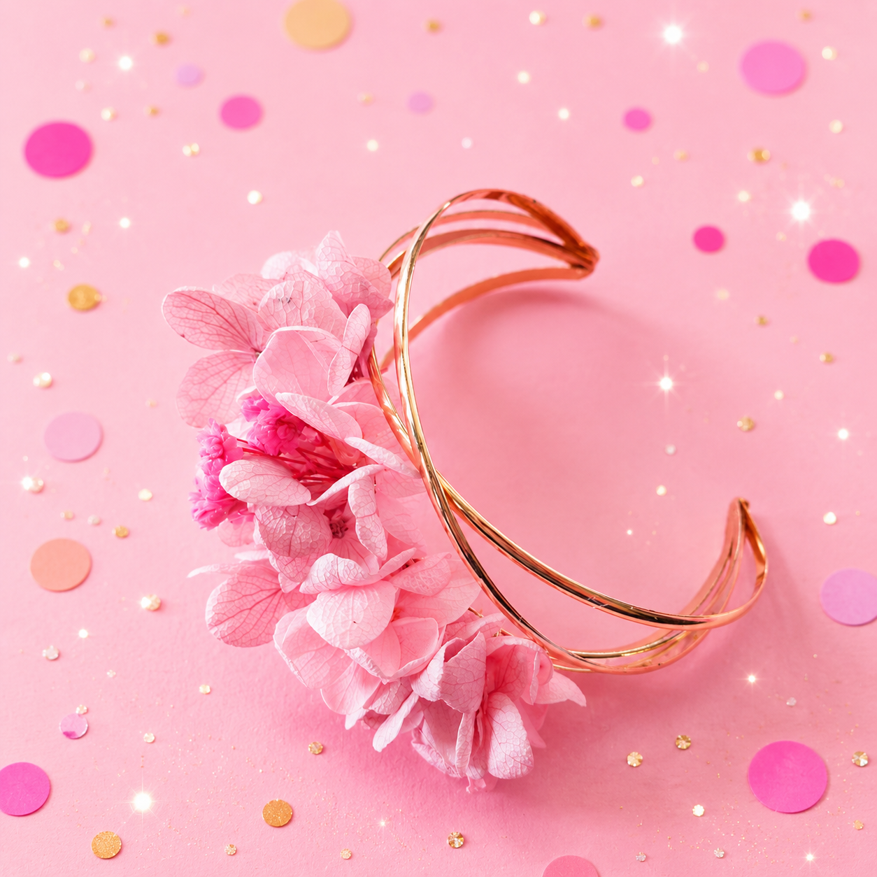 Bracelet jonc dore avec fleurs stabilisees aux teintes rose bonbon et rose poudre pour mariage
