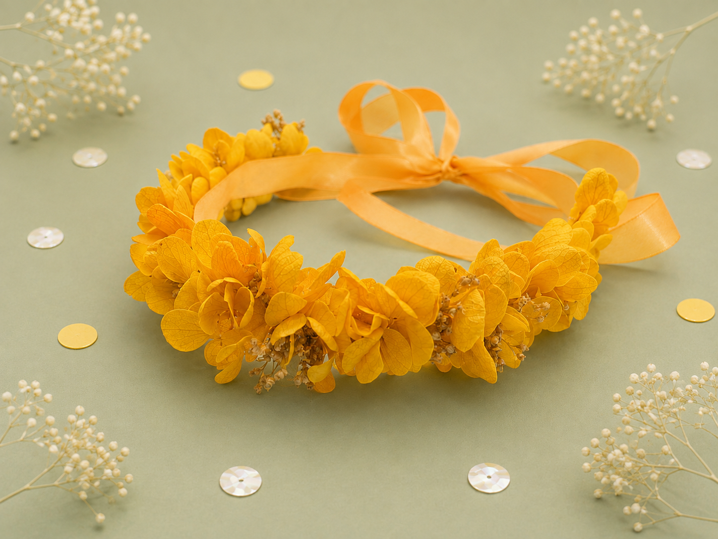 Couronne de fleurs sechees et stabilisees sur ruban rose et jaune moutarde pour mariage enfant et adulte