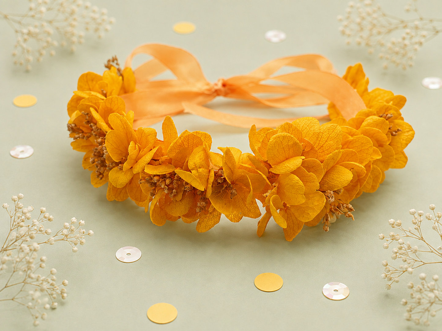 Couronne de fleurs sechees et stabilisees sur ruban rose et jaune moutarde pour mariage enfant et adulte