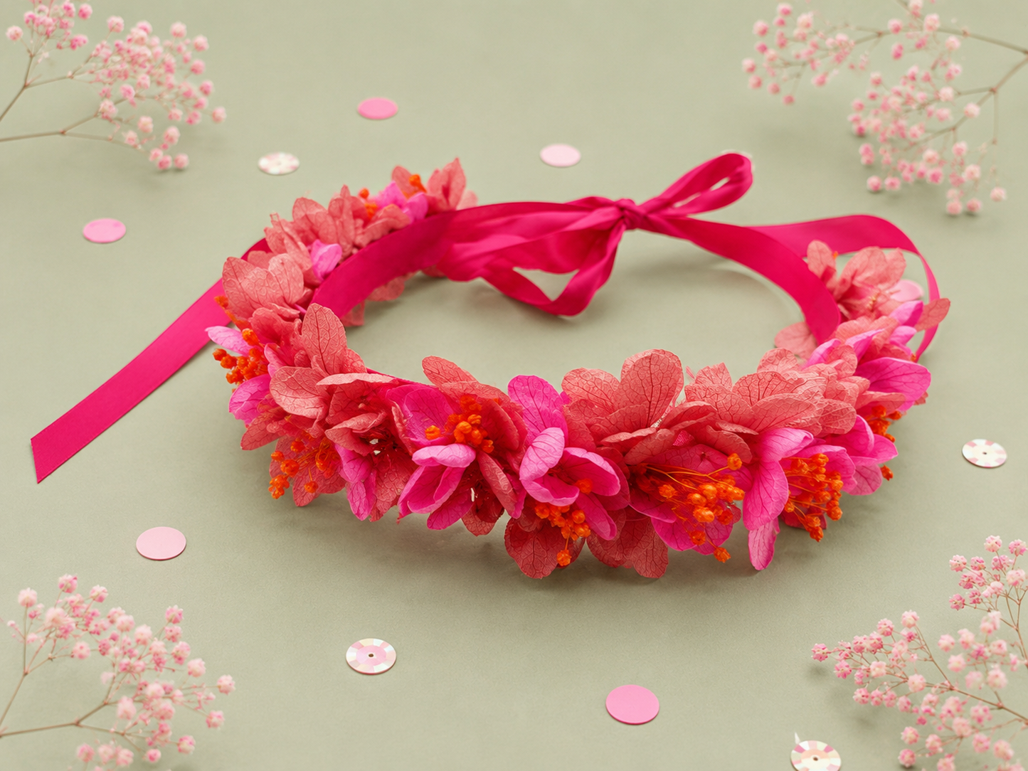 Couronne de fleurs sechees et stabilisees sur ruban fuchsia corail et orange pour mariage enfant et adulte