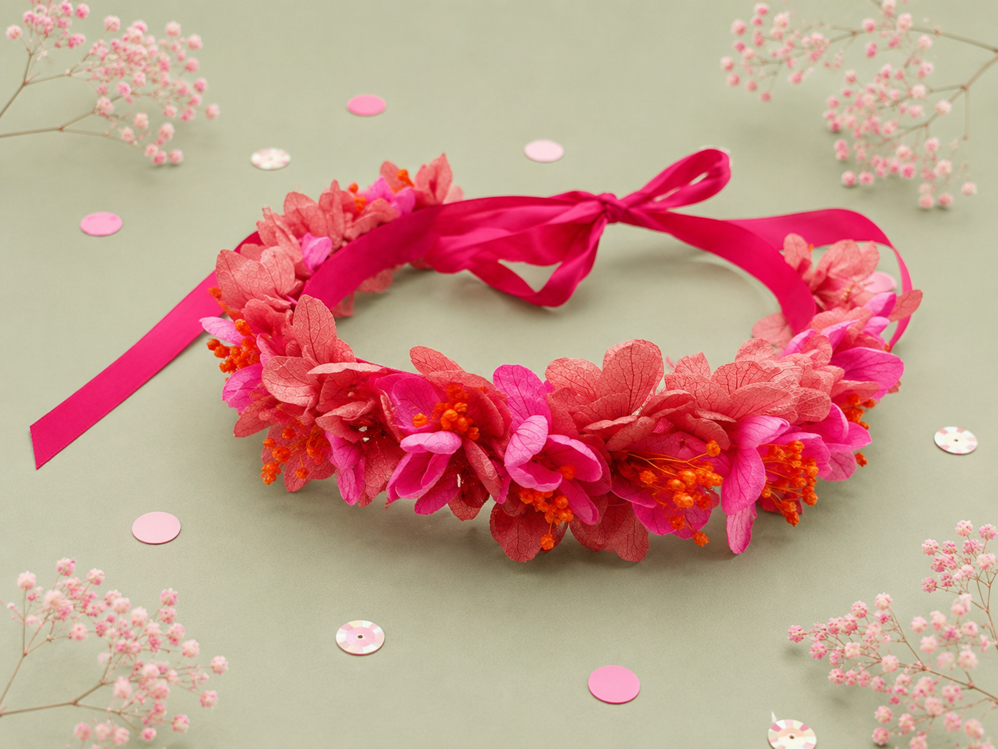 Couronne de fleurs sechees et stabilisees sur ruban fuchsia corail et orange pour mariage enfant et adulte