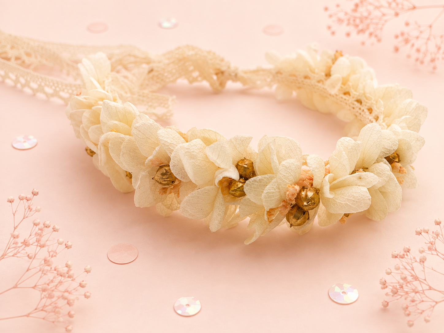 Couronne de fleurs sechees et stabilisees sur ruban de dentelle blanc ivoire creme et dore pour mariage enfant et adulte