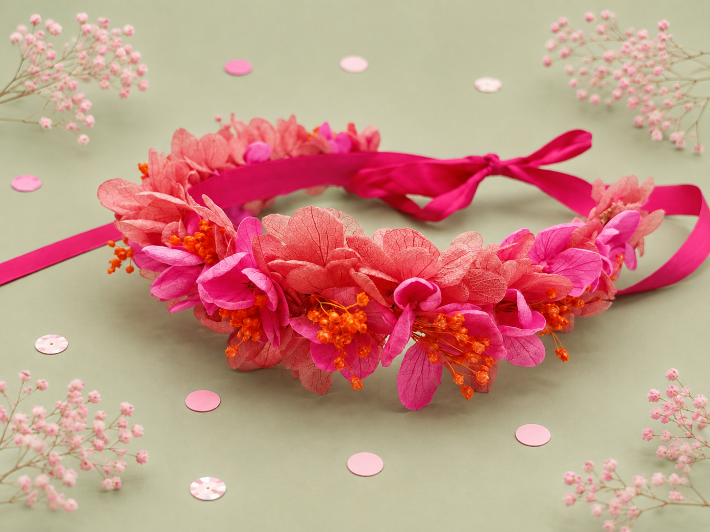 Couronne de fleurs sechees et stabilisees sur ruban fuchsia corail et orange pour mariage enfant et adulte