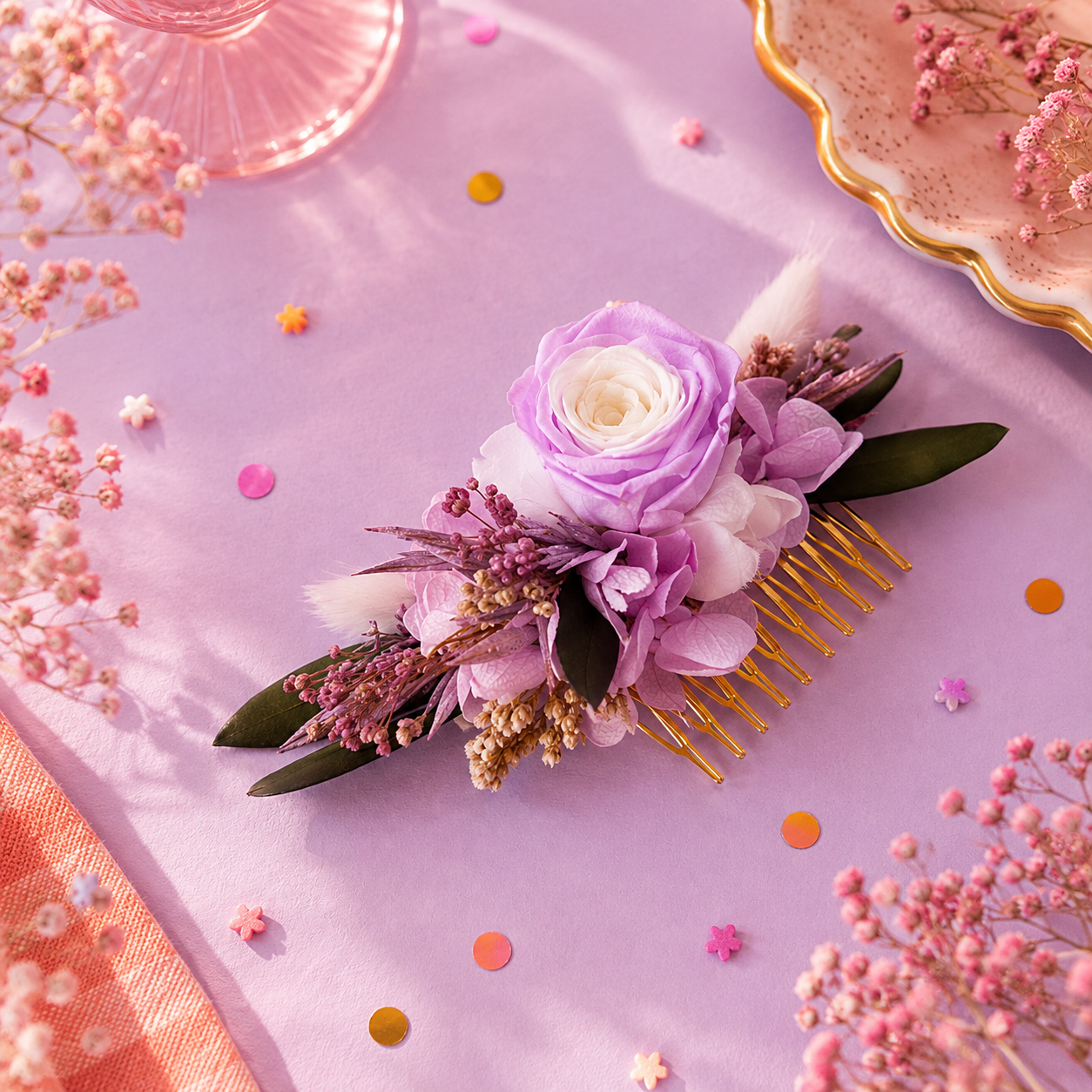 Peigne de mariage en laiton dore avec rose et fleurs stabilisees teintes violet et lilas